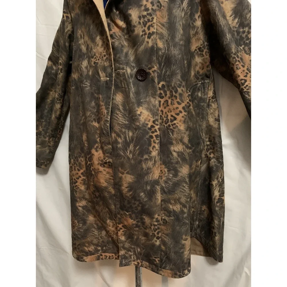 LINDI Women's Size Large Reversible Jacket‎ Coat Hooded Brown Animal Print